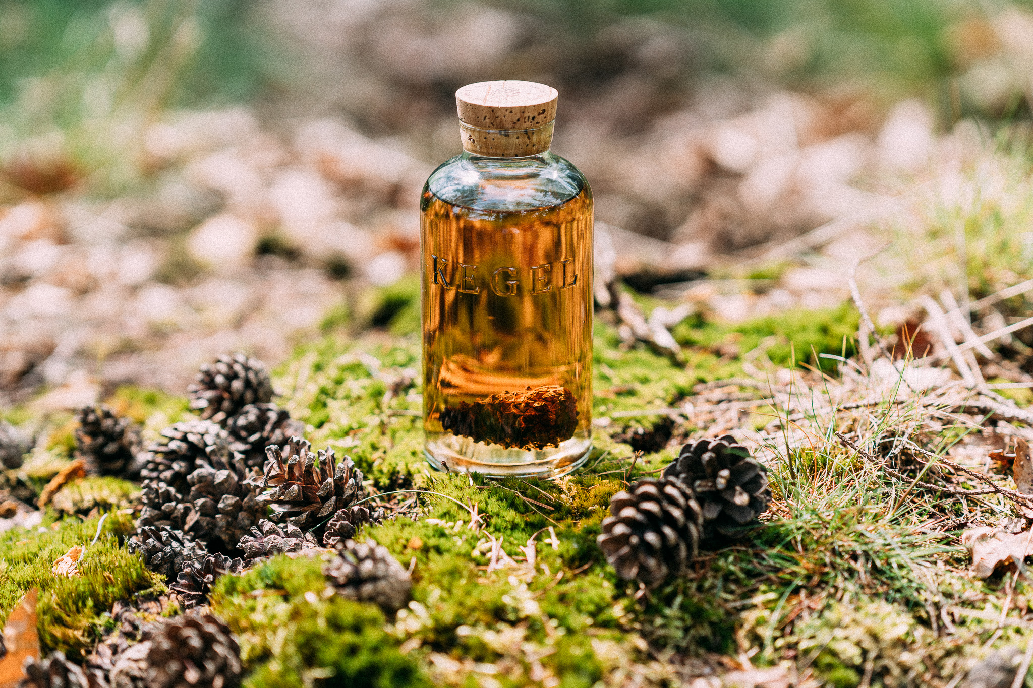 Een fles gin van Kegel Spirits tussen dennenappels op het mos
